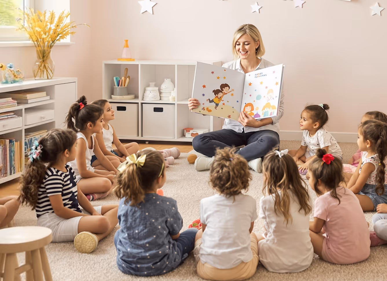 Teacher reading a colorful storybook to a group of young children sitting on a classroom floor carpet.