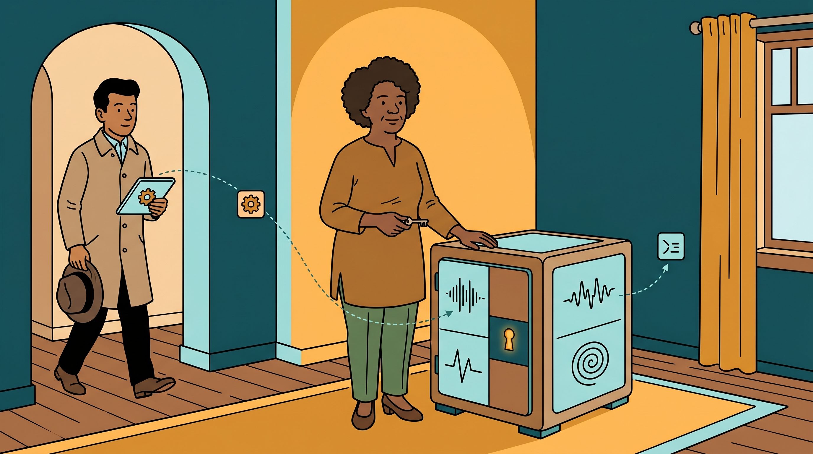 A woman at home resting one hand on her own encrypted data vault and holding its key, her personal data held inside as the visiting researcher's computation comes to the vault and only an anonymized result leaves