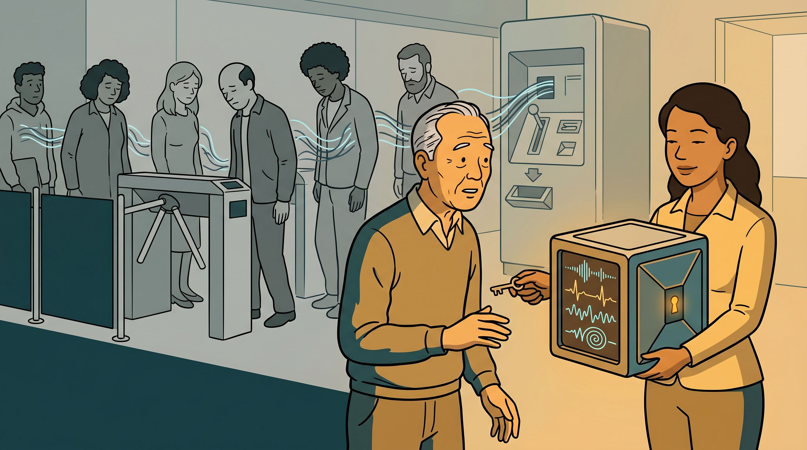 A man's face lighting with recognition as a guide offers him his own data vault and key, while behind them a resigned crowd surrenders their personal data at a gate to gain access