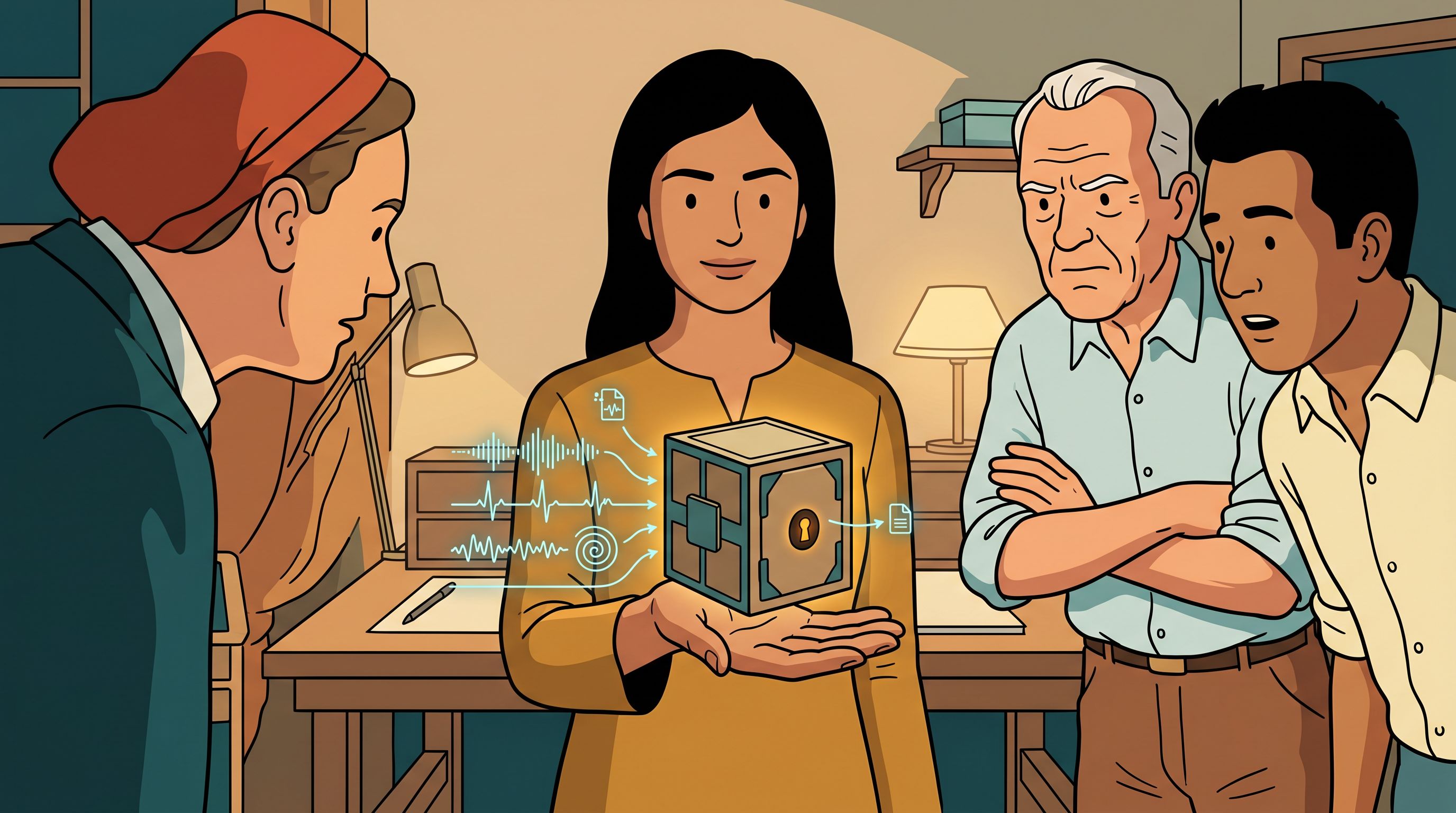 A maker holding a small working data vault in her open palm, the data intact inside and the mechanism functioning, as onlookers lean in and their skepticism shifts to belief