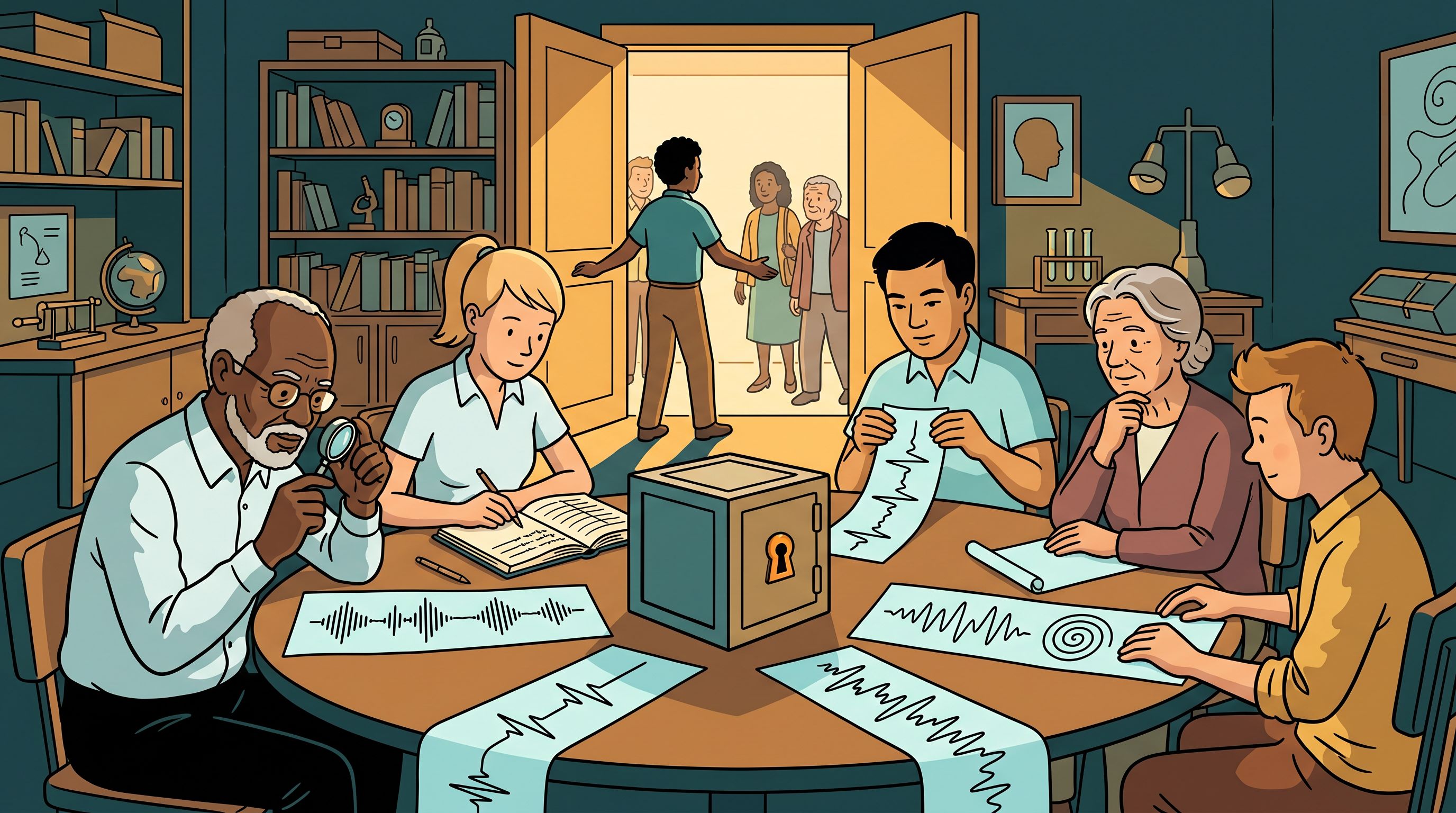 A diverse group examining sovereign data carefully at a shared round table while an open door behind them welcomes more people in, openness and rigor held together