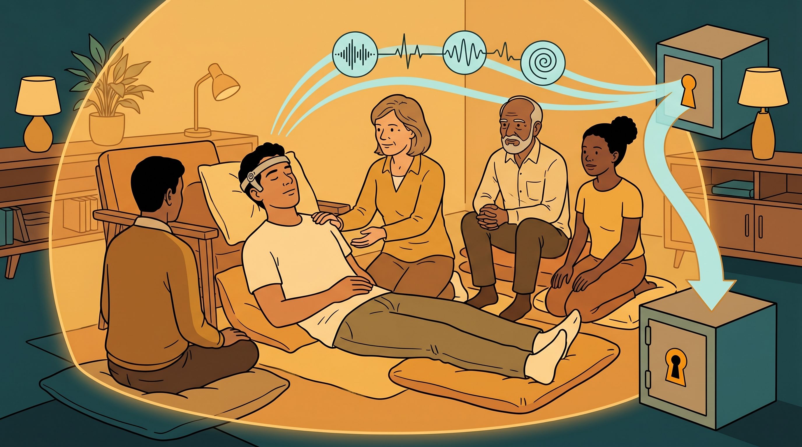 A person in a calm, supported transformative state surrounded by attentive peers and a facilitator inside a warm held space, the experience gently captured into a data vault