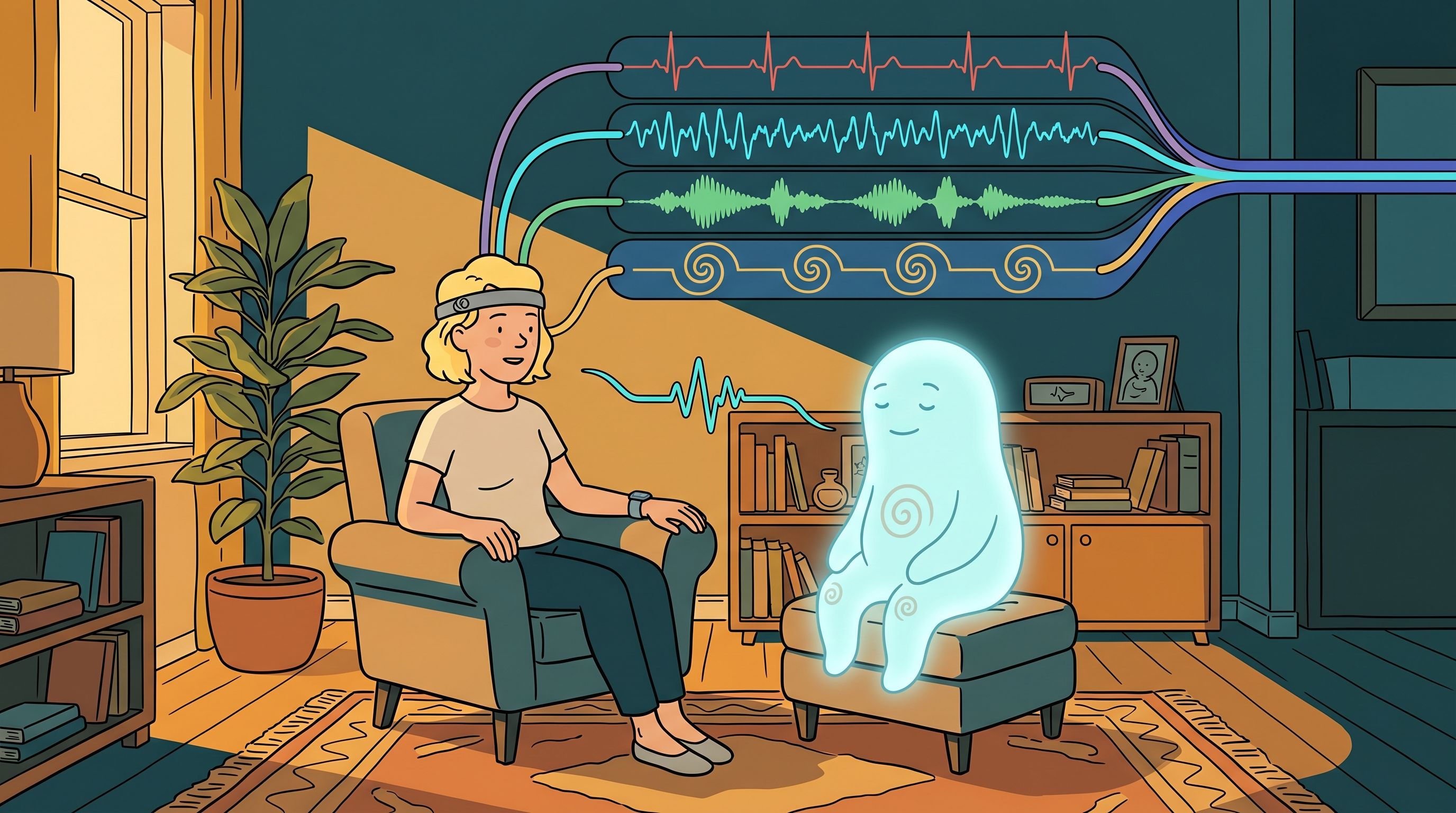 A participant in a real setting wearing a discreet sensor band, in conversation with an adaptive companion as voice, biometric, and phenomenological signals fuse on one shared timeline