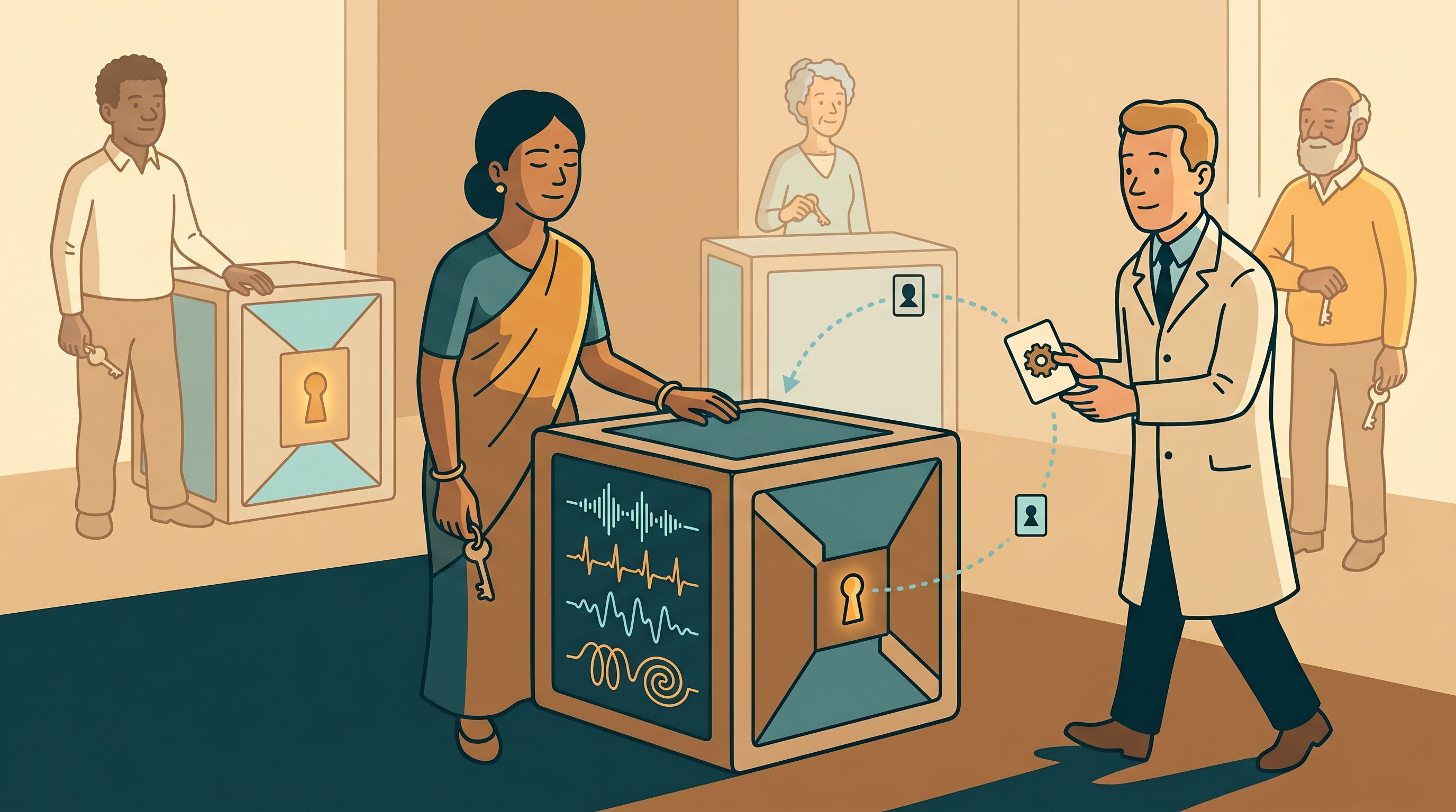 A person resting a hand on her own encrypted data vault and holding its key as a researcher's model travels to the data, with others nearby each holding their own vault