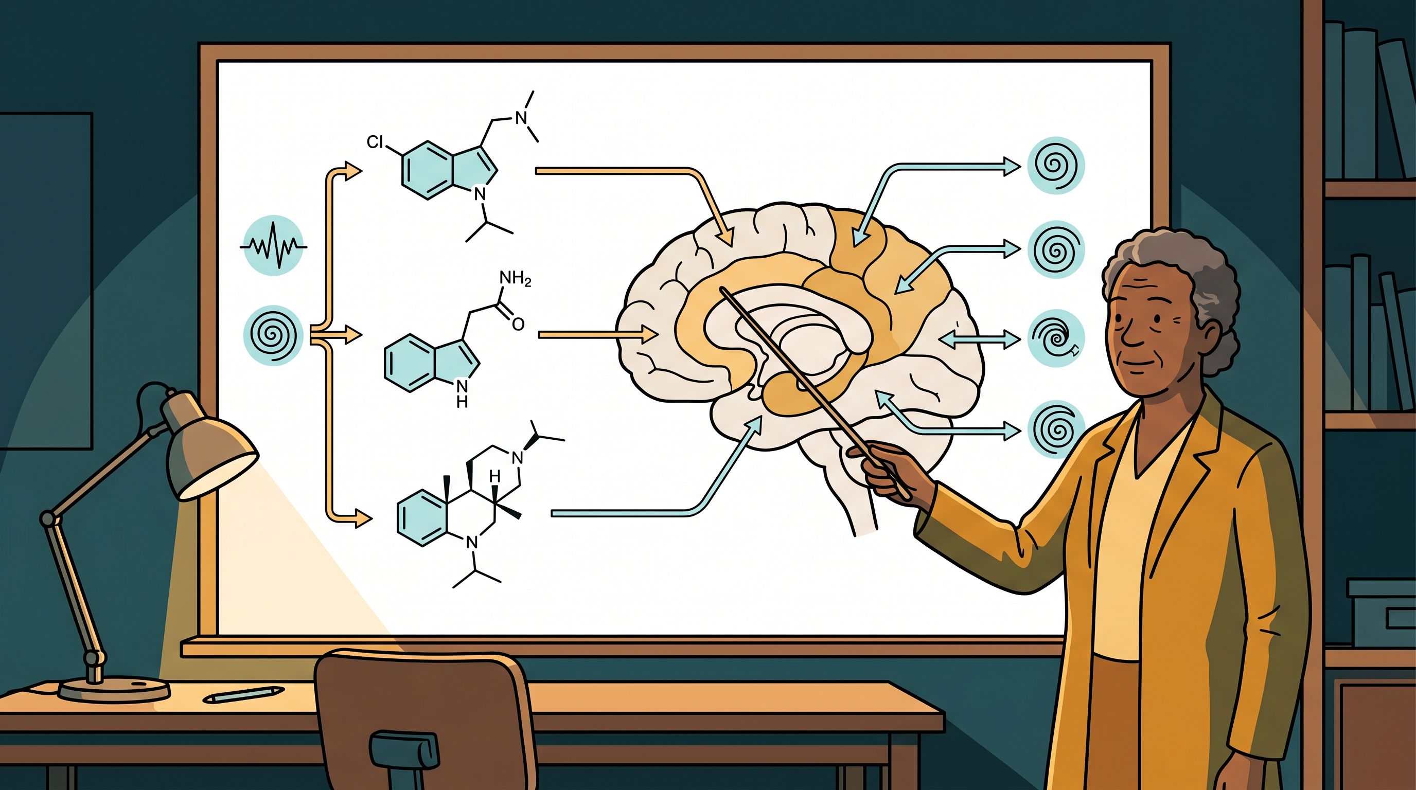 A neuroscientist tracing a diagram that maps psychoactive compounds to the brain regions they act on and the states that result