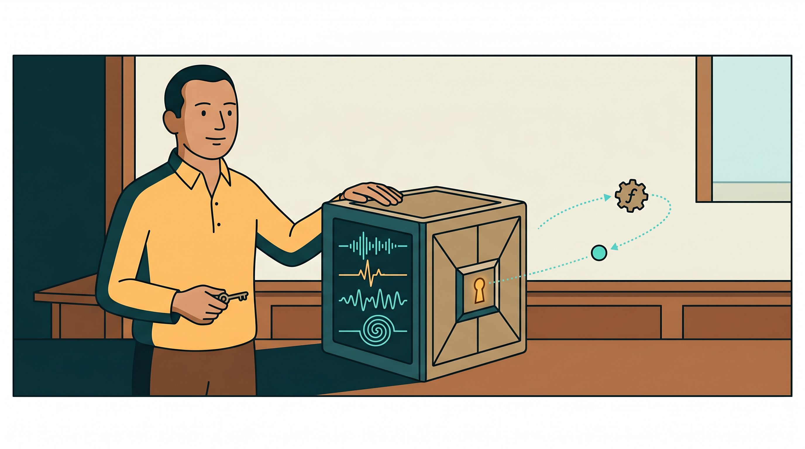 A person holding the key to their own encrypted data vault as a researcher's computation comes to the data and only an anonymized result leaves