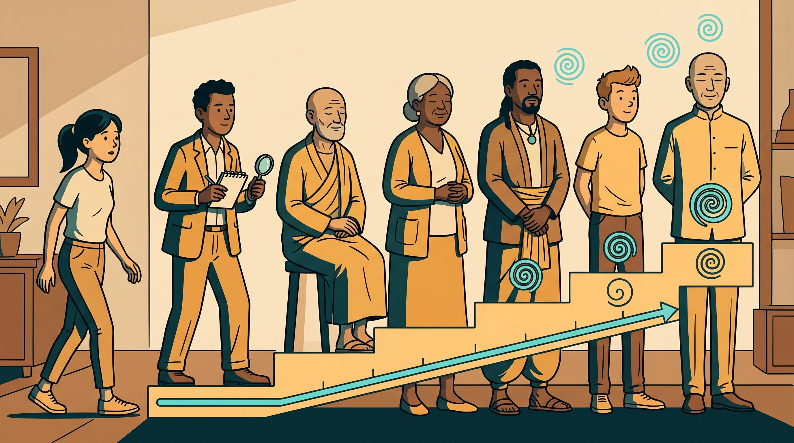A left-to-right lineup of diverse practitioners growing in mastery along an ascending competence scale, a standardized expertise progression