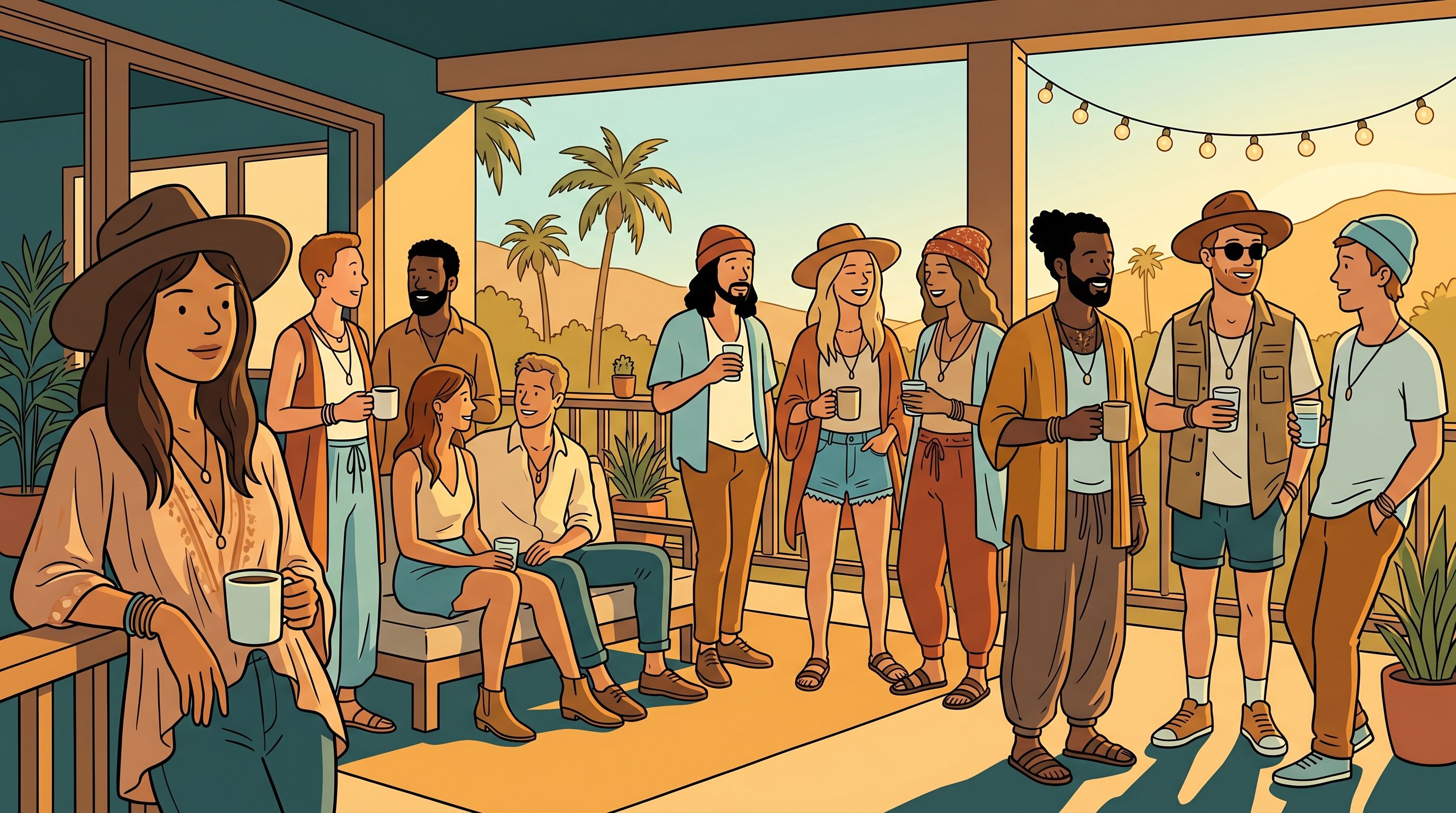 Los Angeles node: a casual golden-hour community gathering on a Southern California terrace