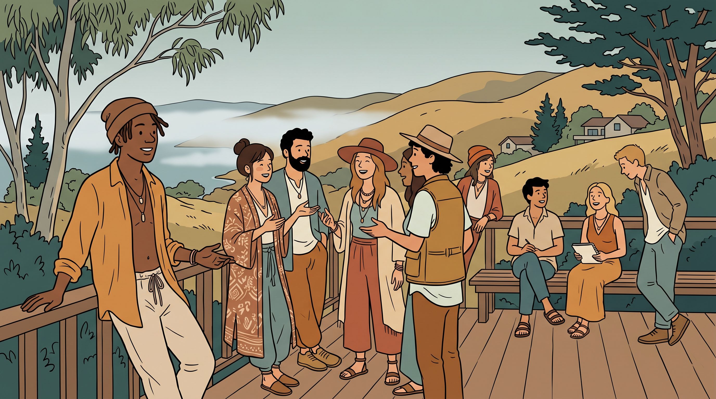 Bay Area node: a casual community gathering on a hillside deck above the foggy Bay