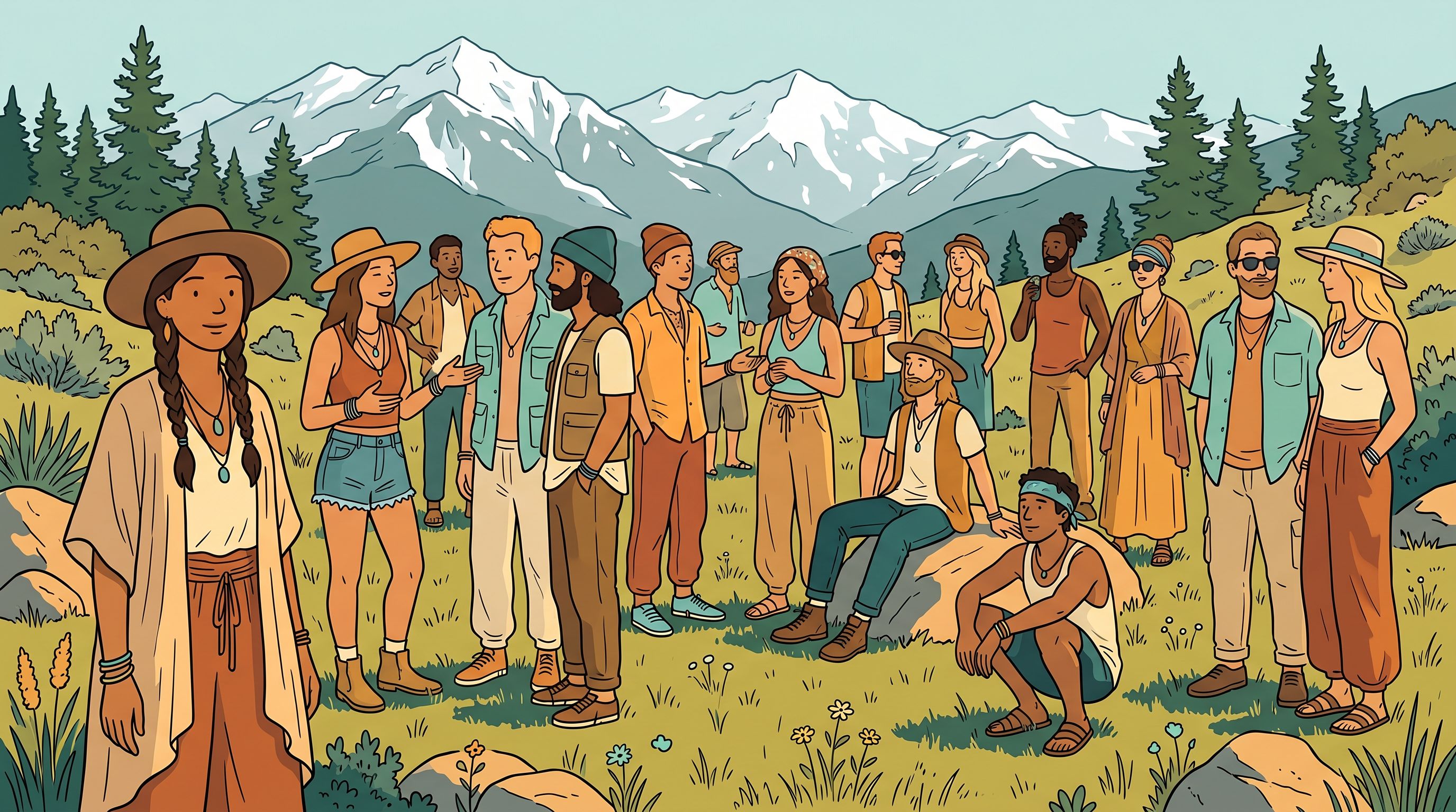 Salt Lake City node: a community gathering in an alpine meadow below the Wasatch peaks
