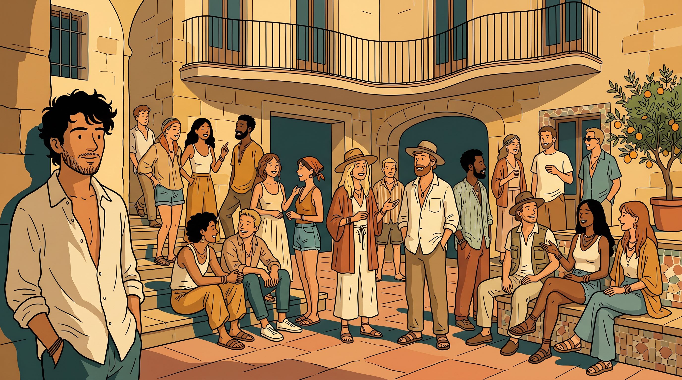 Barcelona node: a community gathering in a sunlit Mediterranean courtyard