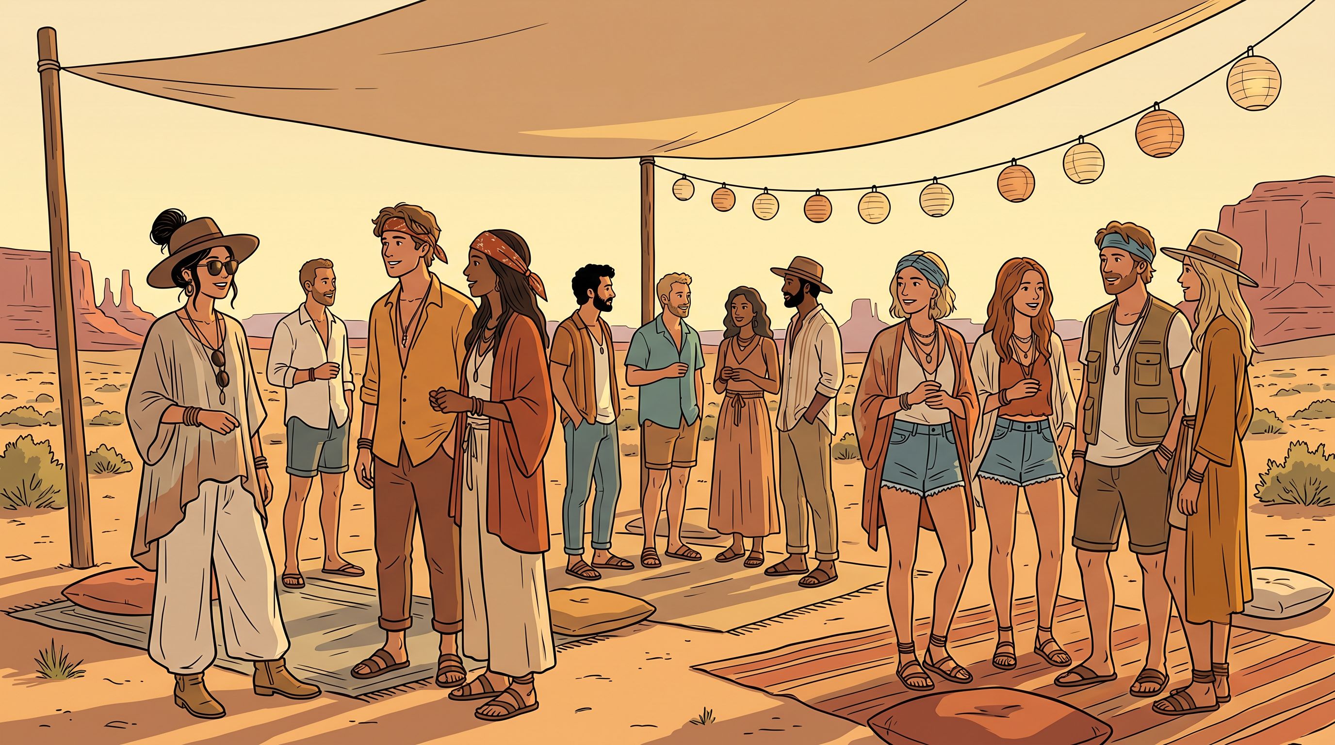 Las Vegas node: a community gathering at a desert camp under a shade sail at golden hour
