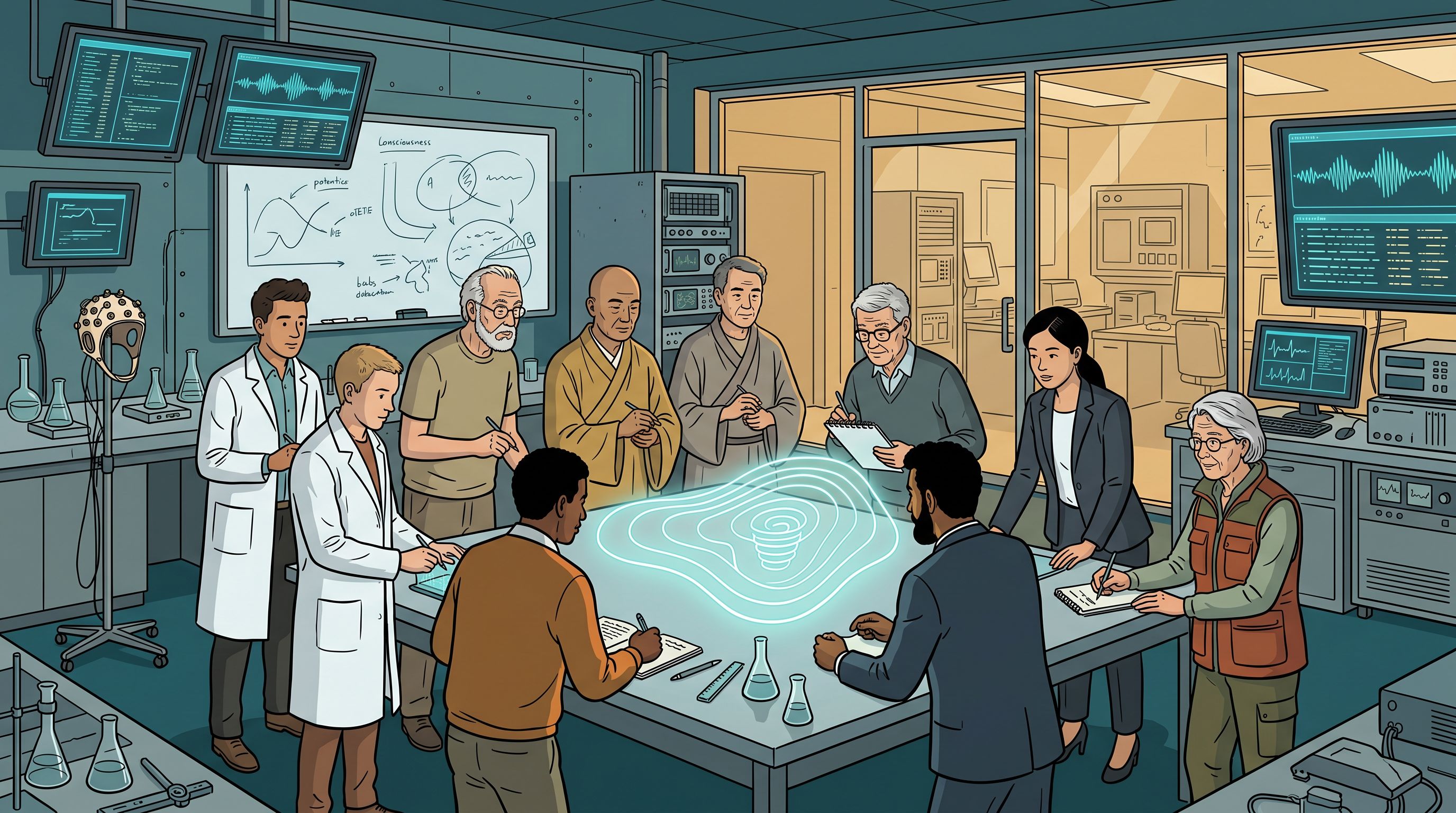 A diverse research team in a lab studying a luminous model of the consciousness state-space, the field of work