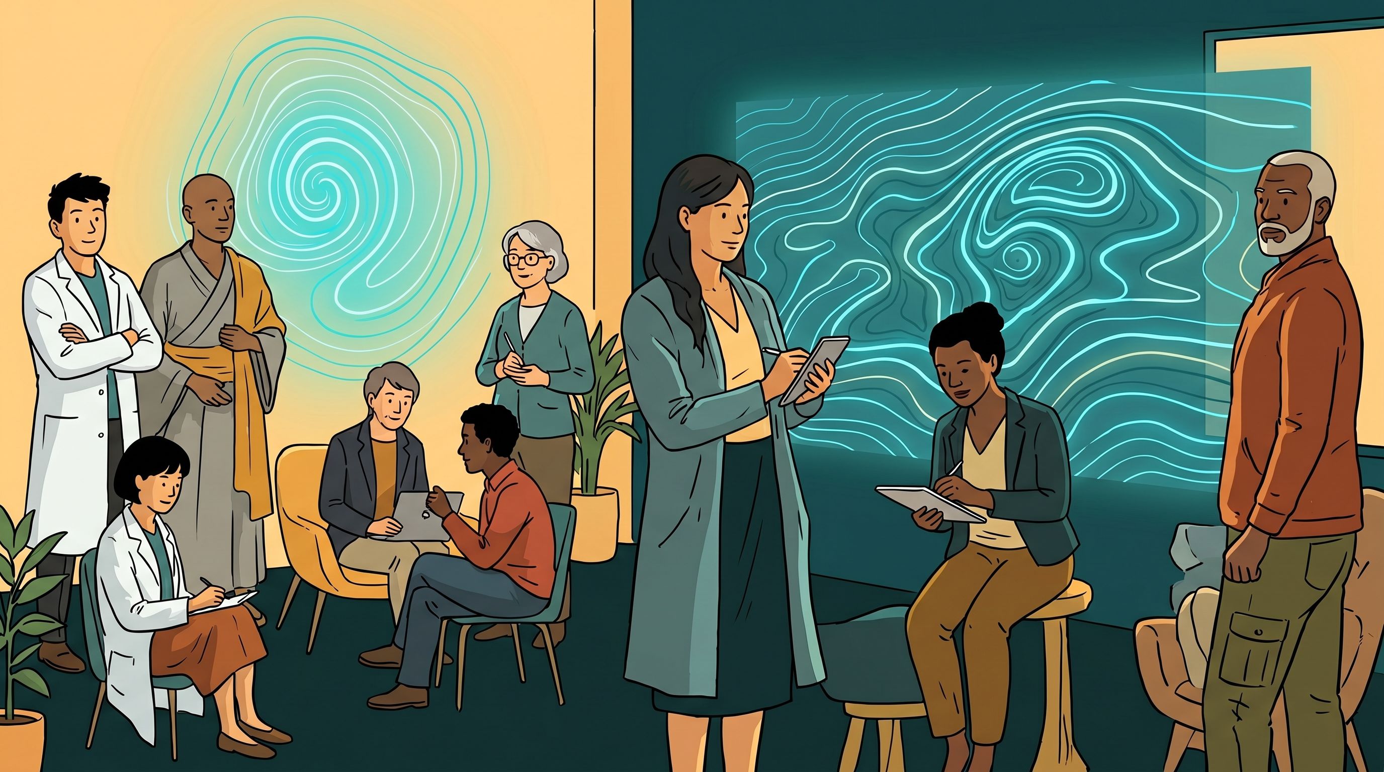 A diverse community navigating the map of the mind together with mentorship and mutual support, the work being lived