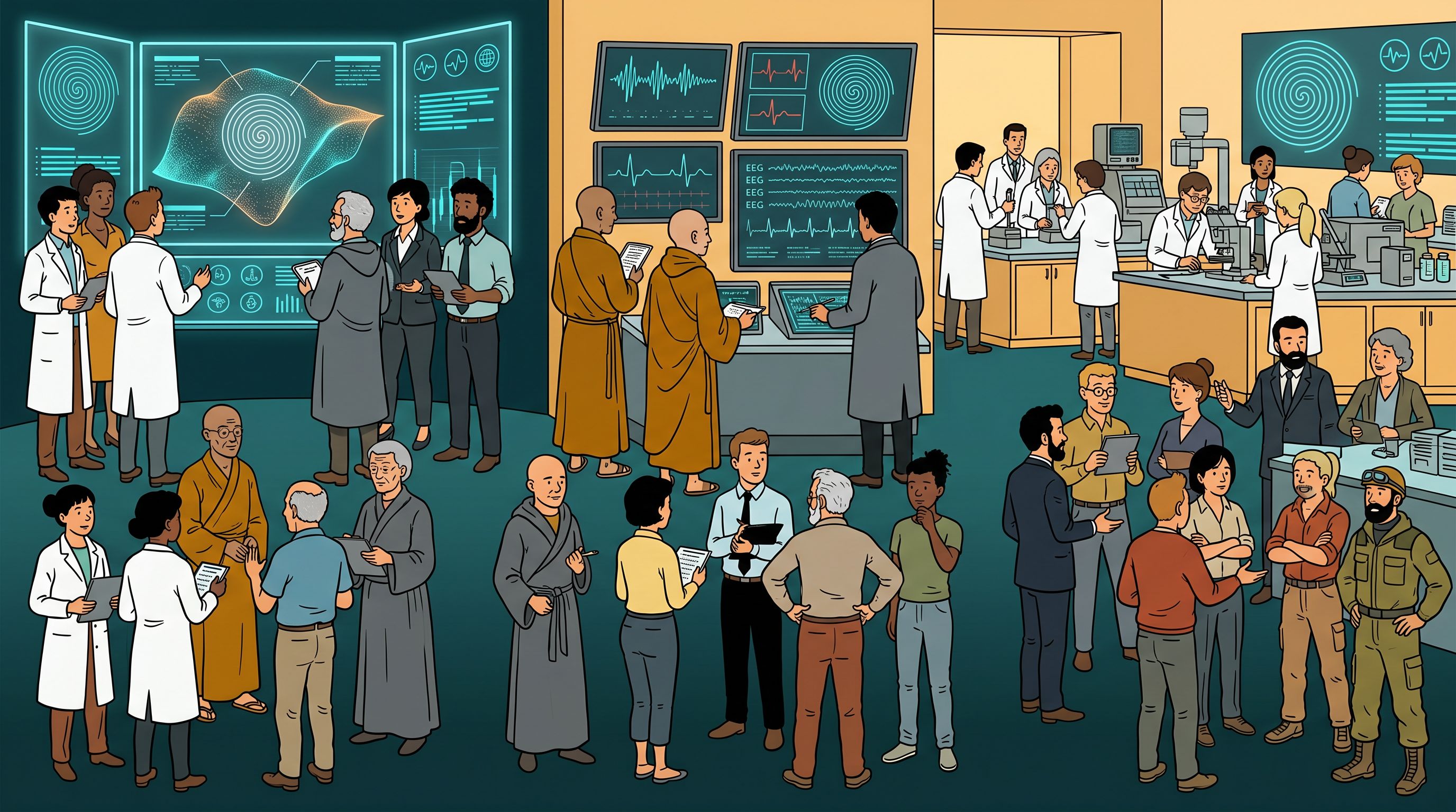 A wide view of a consciousness-research environment at scale, multiple zones of work tied together by the state-space map