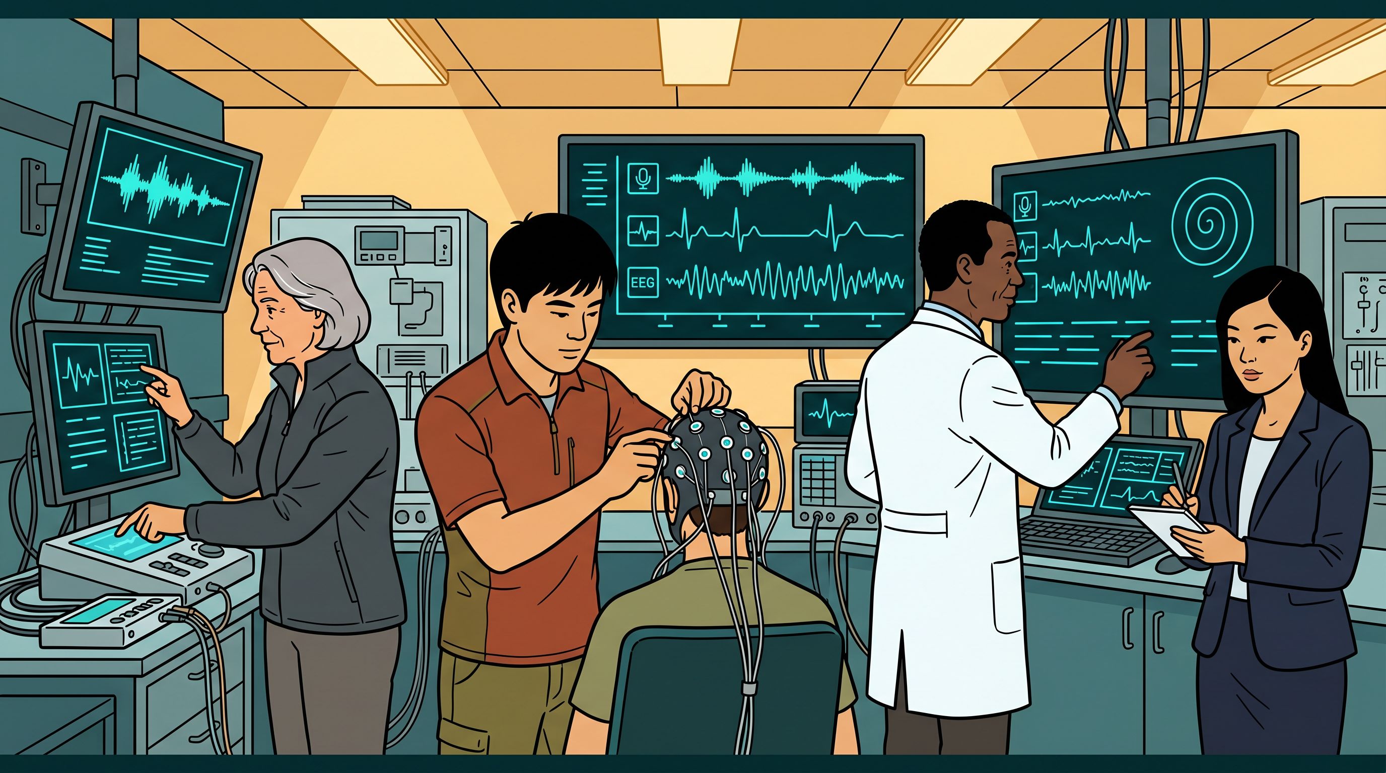 Researchers operating the multimodal capture instruments, analysis screens showing time-aligned data streams
