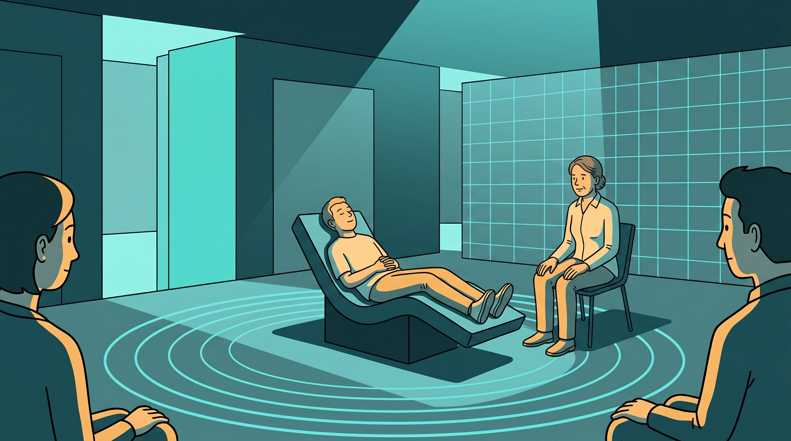 A designed immersive experience container with precision light, a facilitator guiding a participant as a state is engineered into a lasting trait