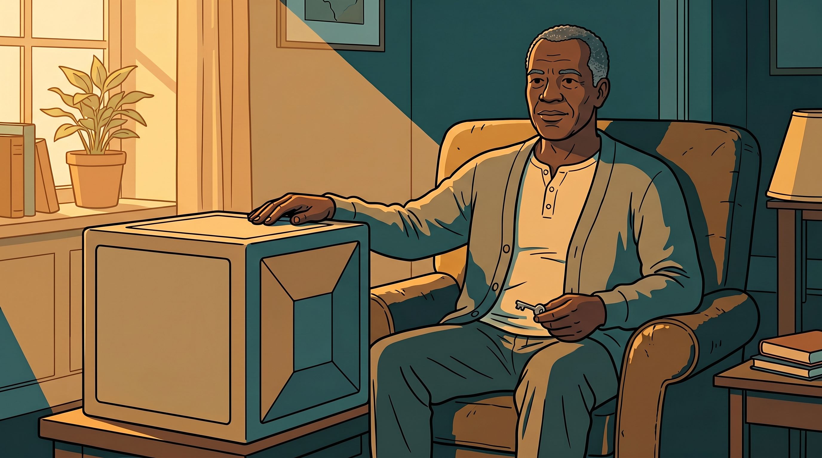A man at home in soft morning light, one hand resting on his own encrypted data vault and the other holding its key, his inner-life data held intact inside as line-icons. Privacy as the quiet, private default, before anyone asks for it.
