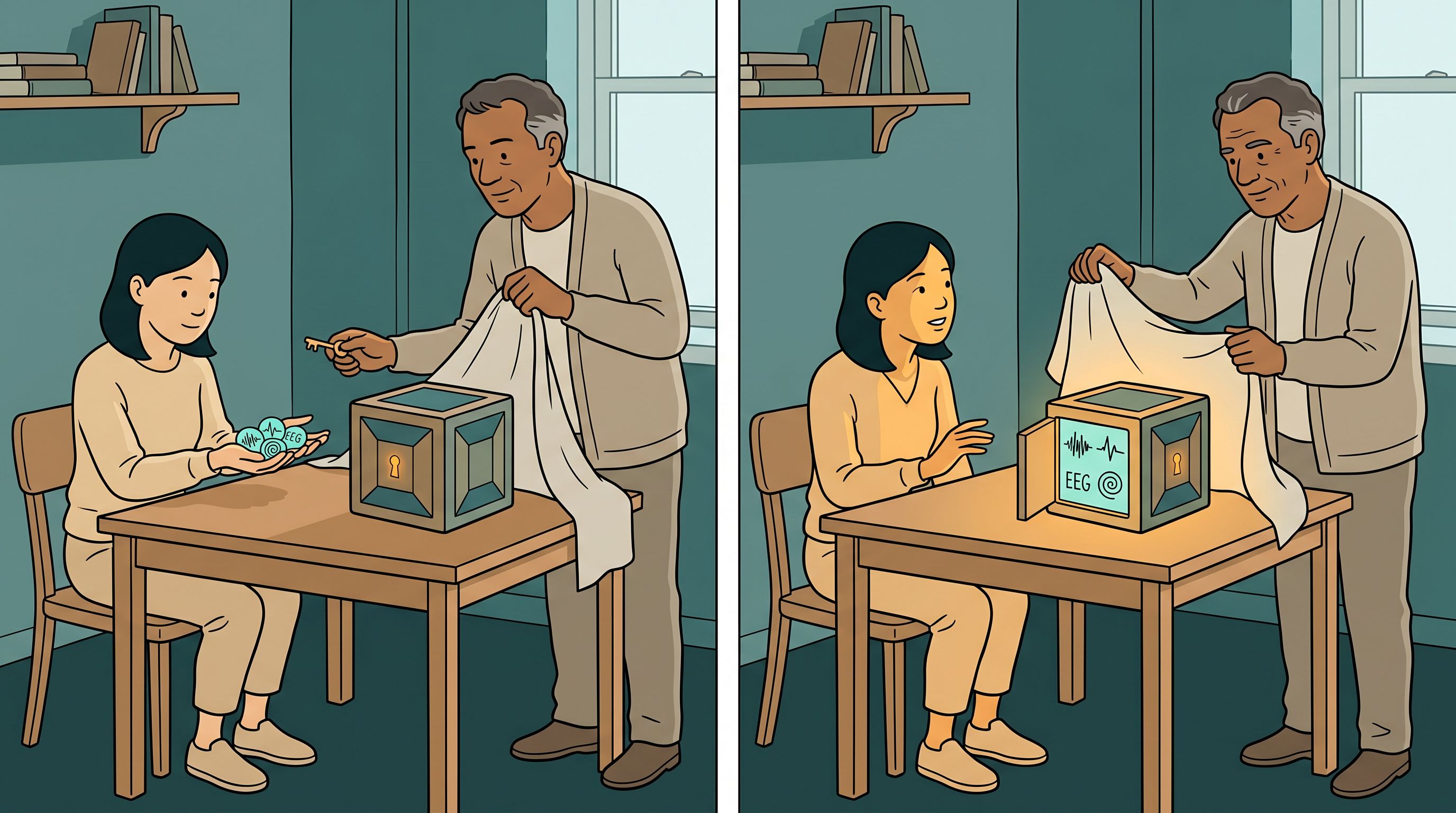 A guide draws back a cloth to reveal a small sovereign data vault and offers its key to a curious young woman who holds her own data, about to hand it over, now realizing she has a choice she did not know existed.