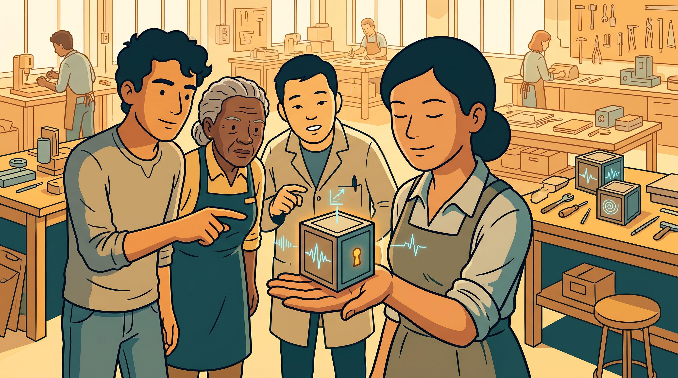 A maker holds a tiny working data vault in her open palm, its data intact and a small result emerging, as a small cluster of onlookers lean in and their skepticism shifts to belief.