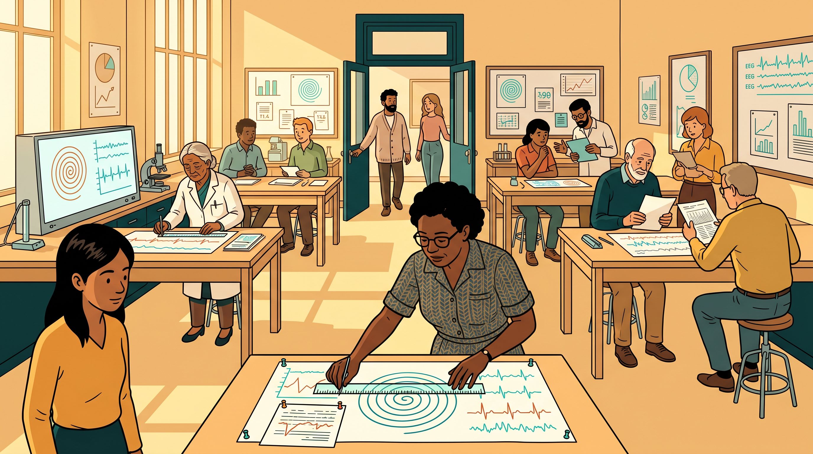 A diverse group studying inner-life data outputs throughout a warm, open laboratory; one practitioner precisely measures a chart in the foreground while newcomers are welcomed in. Openness and rigor held together.