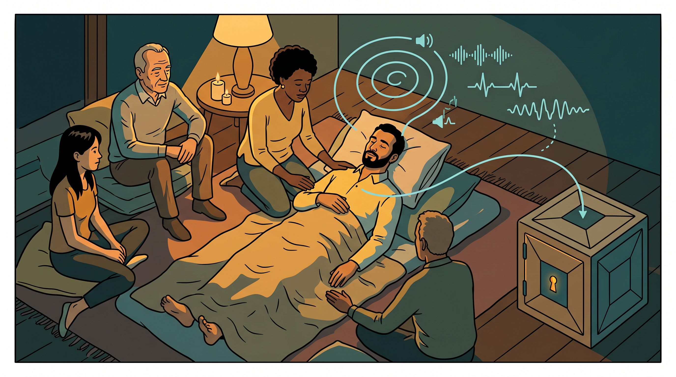 A person rests in a calm, supported state inside a warm held circle of attentive peers and a facilitator, the experience flowing from them into a data vault at the edge. A profound experience held in a container and captured so it compounds.