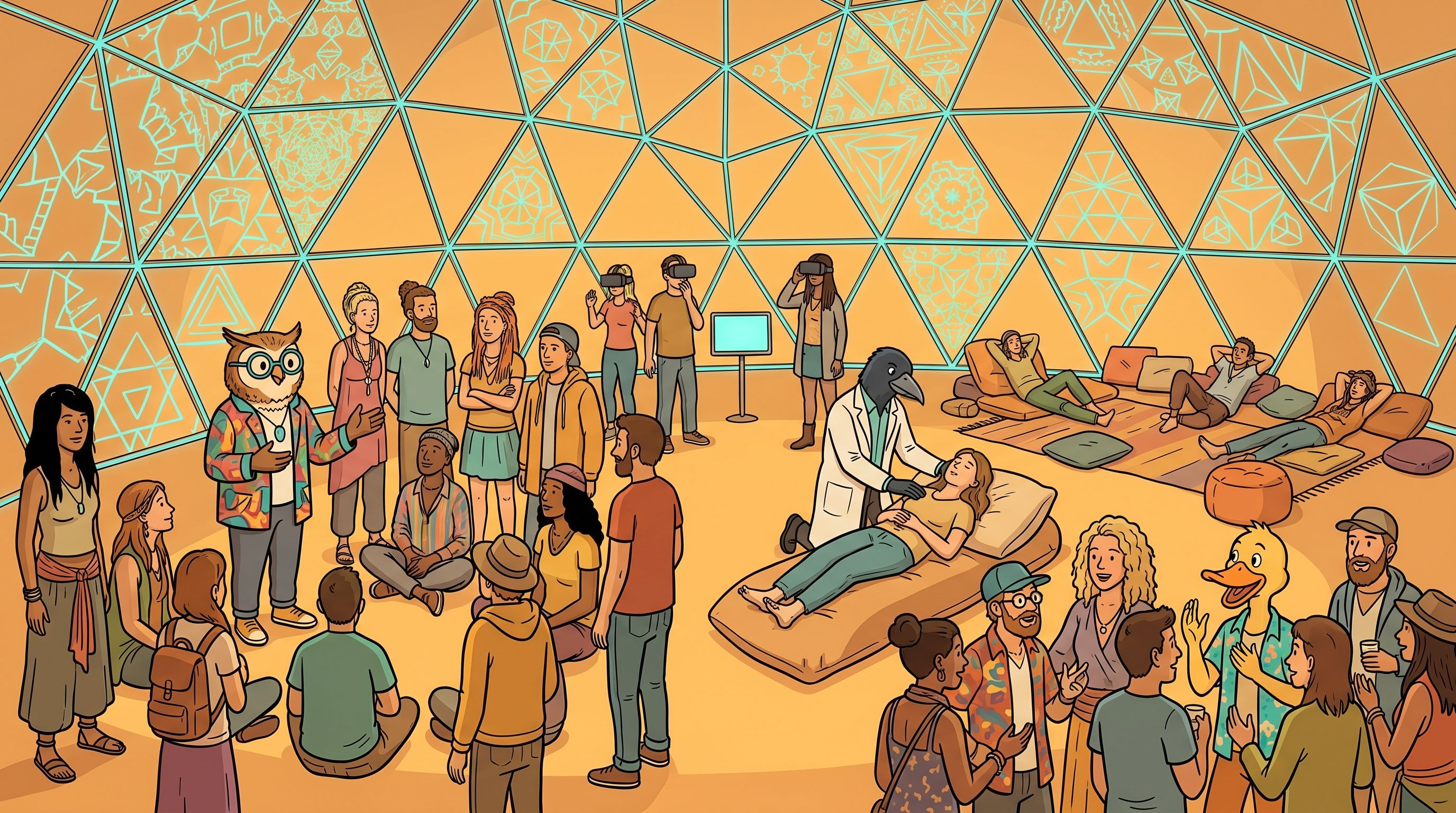 A Sensoria dome gathering, an experience for all levels: a diverse community under a projection-mapped geodesic dome, with the founders woven into the mix as owl, raven, and duck characters. The owl gives a talk to a seated circle, the raven facilitates a participant reclining calmly, others explore an immersive station and a relaxed lounge.