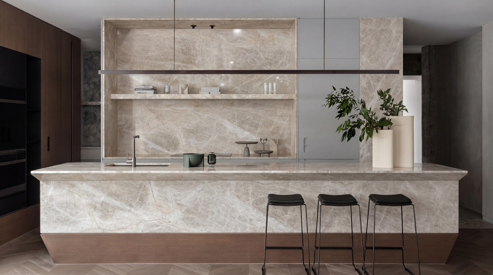 Taj Mahal quartzite slab with signature beige and gold veining