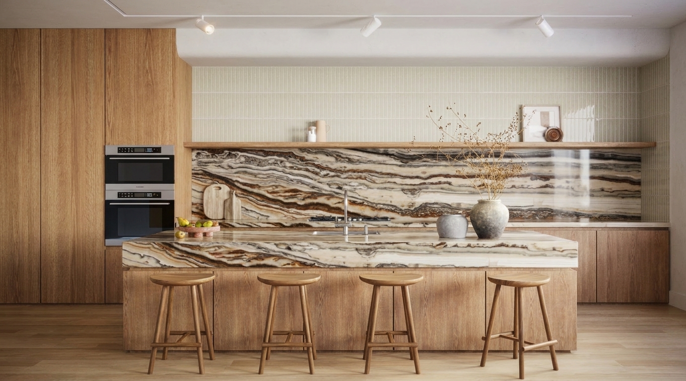 Glowing translucent stone countertop at night