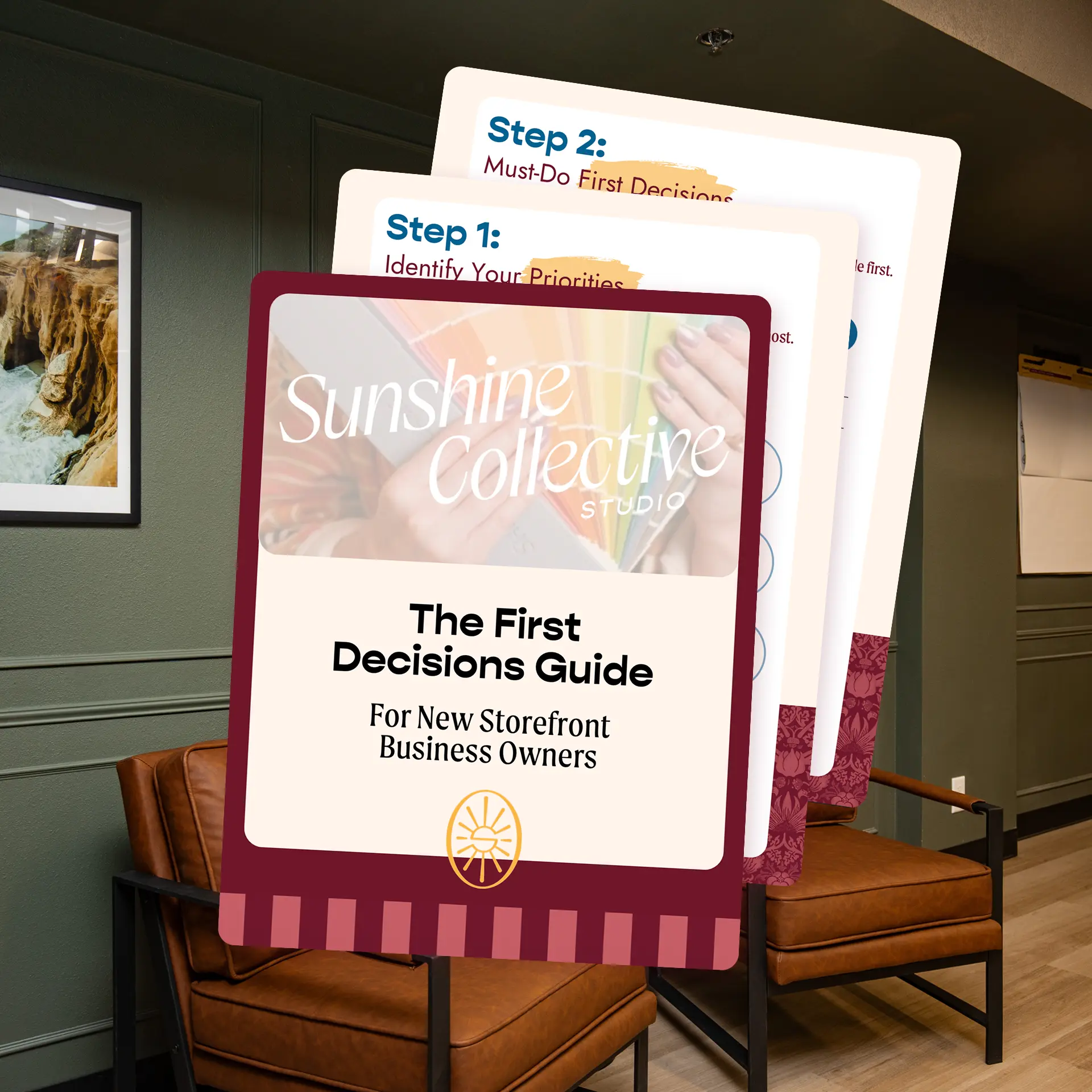 Preview of the First Decisions Guide by Sunshine Collective Studio — a free resource for new storefront business owners covering layout, seating, branding, lighting, and budget. 