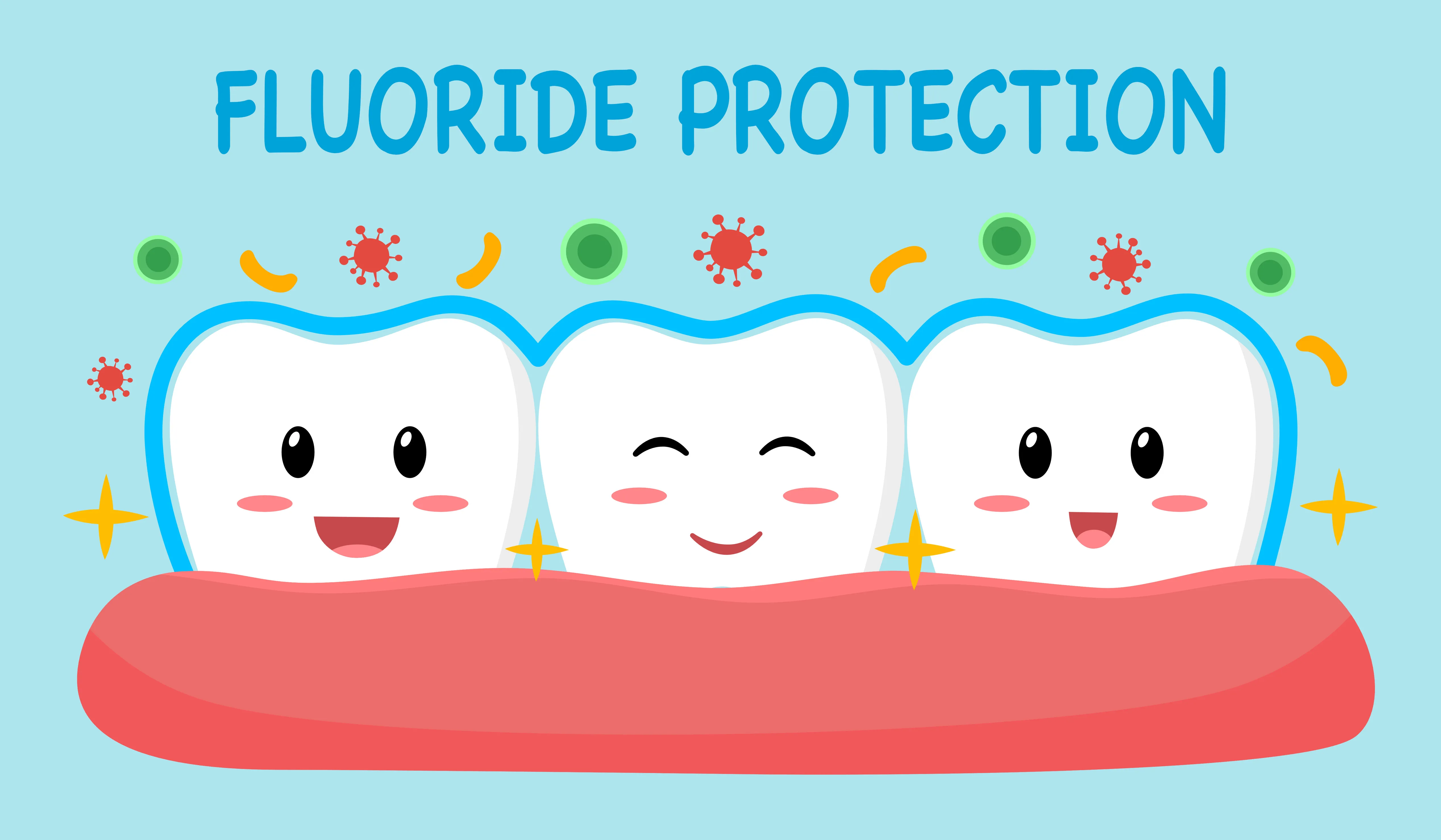 Cartoon illustration of three smiling teeth shielded by fluoride from cavity-causing germs