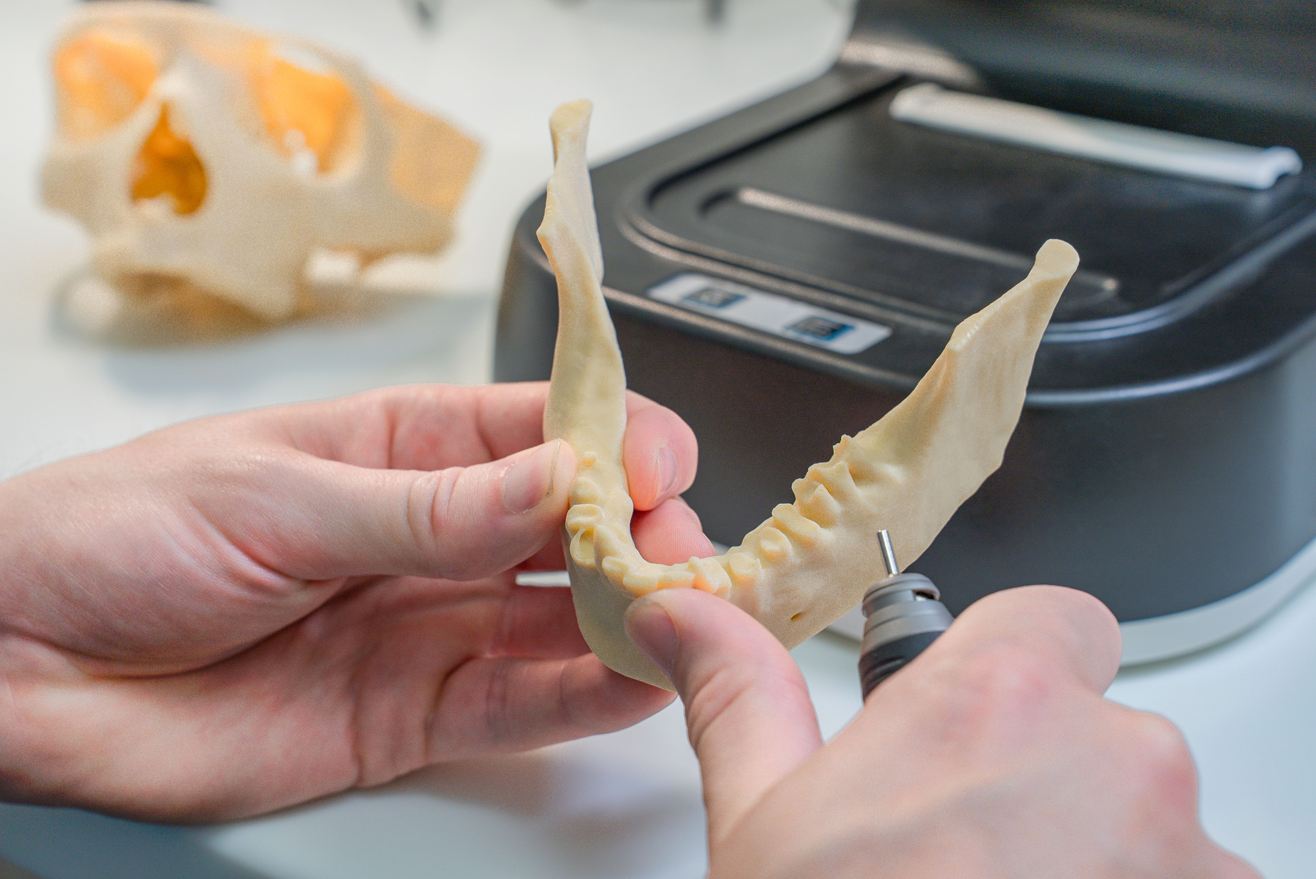 Dental technician refining a 3D-printed dental model in a laboratory