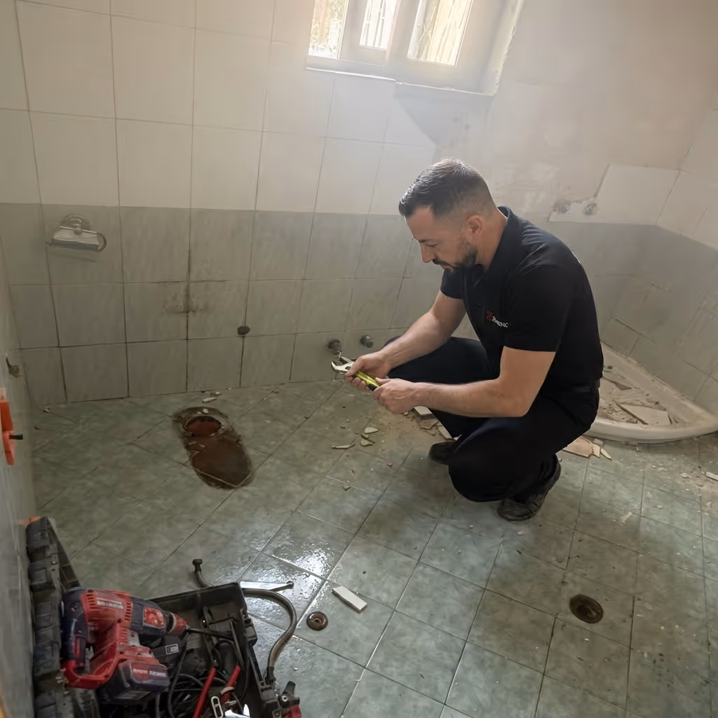 Njeri duke punuar si hidraulik në një banjo të vjetër me pllaka të thyera dhe një kanal të hapur në dysheme.