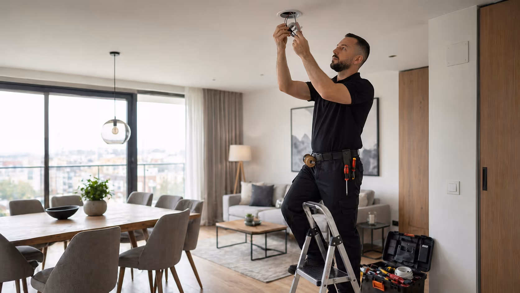 Elektriç i veshur me të zeza qëndron në shkallë dhe instalon një llambë në tavan në një sallon modern.