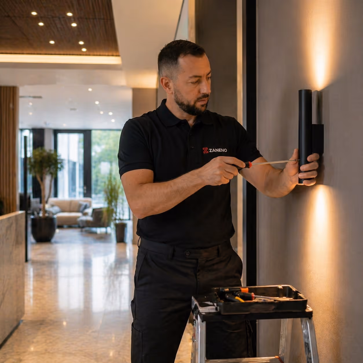 A technician in a black Zaneno shirt installs a wall light fixture in a modern lobby.