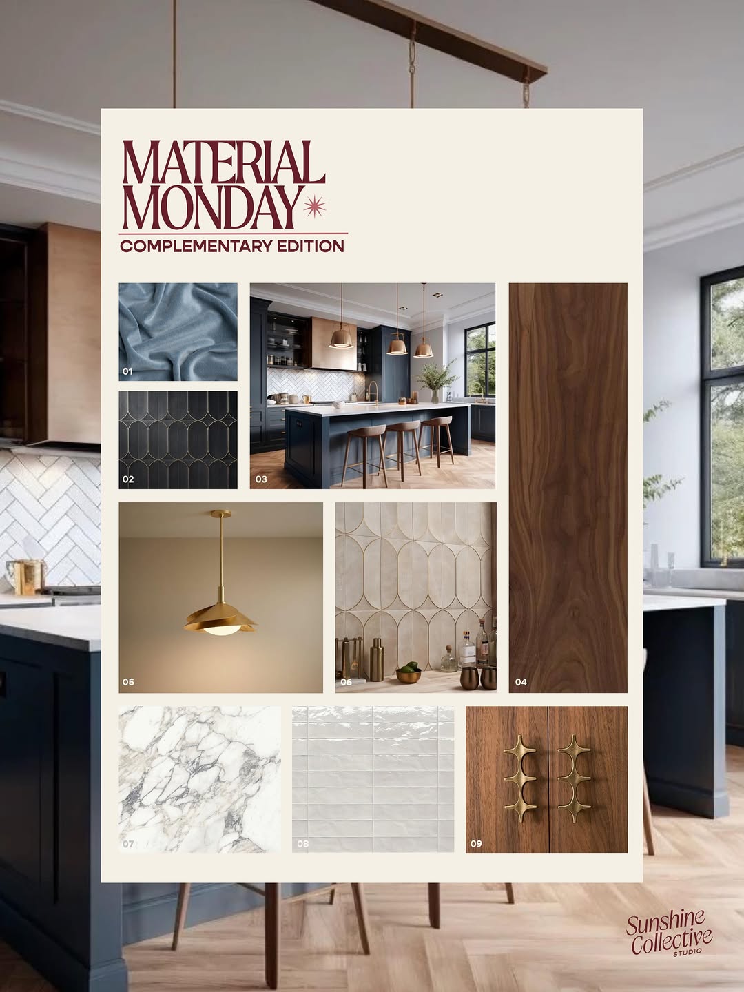 Introducing...Material Monday! ✨
A weekly series where we explore the art and science behind thoughtful interiors. From material layering and color theory to texture, contrast, and timeless combinations.
This month our palette focuses on complementary tones. Today we have cool dusty blues balanced with warm walnut woods, brushed brass, creamy stone, and soft white textures for a look that feels elevated, grounded, and inviting.
Follow along each Monday for material pairings, design inspiration, and the details that make a space feel beautifully cohesive!
(not my photos)
Interior Design Designer Material Kitchen Design Complementary Colors