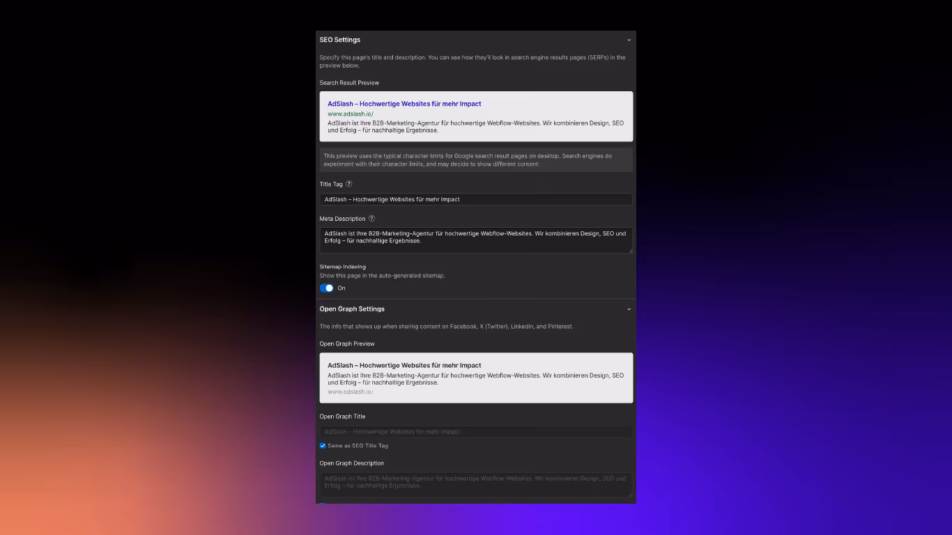 SEO Einstellungen in Webflow