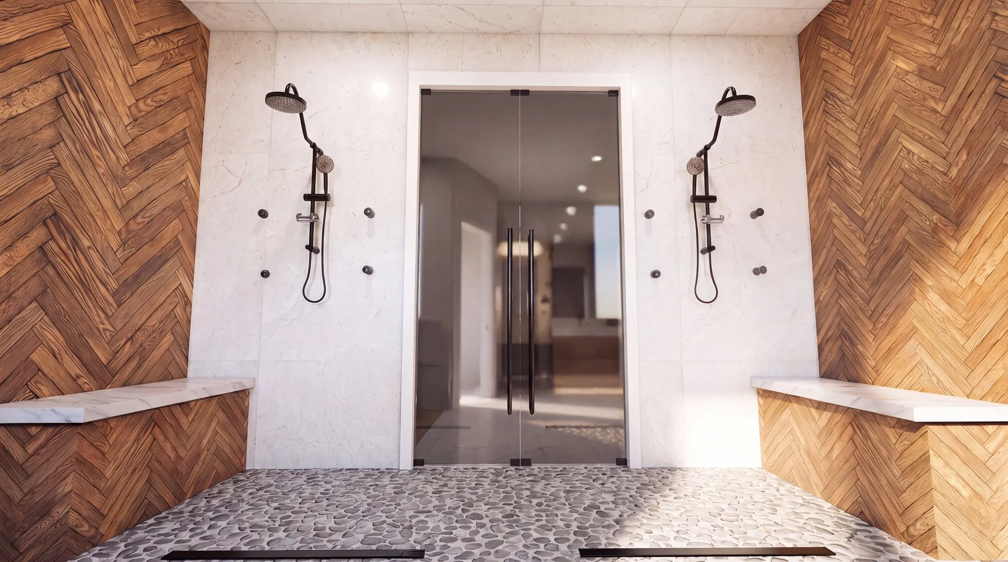 Design render of a walk-in double shower with wood-look herringbone walls, marble benches and a pebble floor