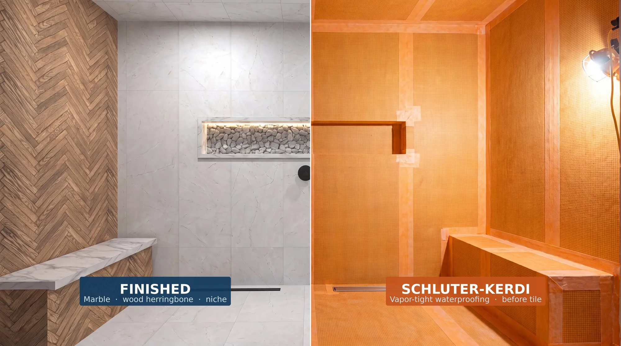 Design render comparing a finished tiled shower with the same shower in Schluter-KERDI waterproofing before tile