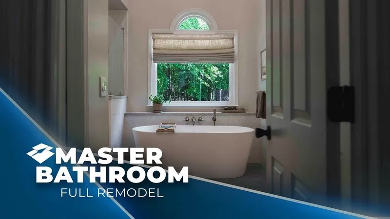 Master bathroom with an arched window above a freestanding tub