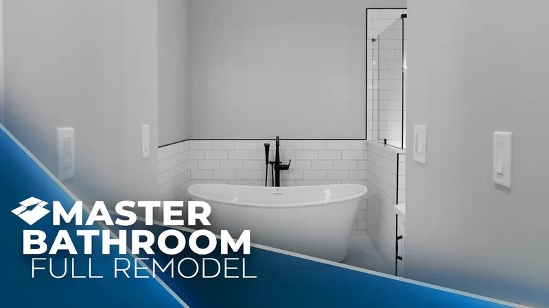 White subway tile wainscot with matte black fixtures around a freestanding tub