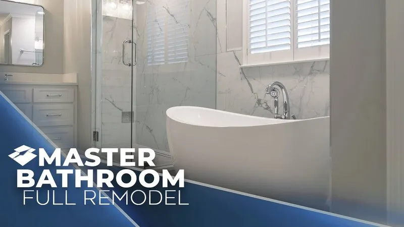 Marble tiled master bathroom with plantation shutters and a freestanding tub