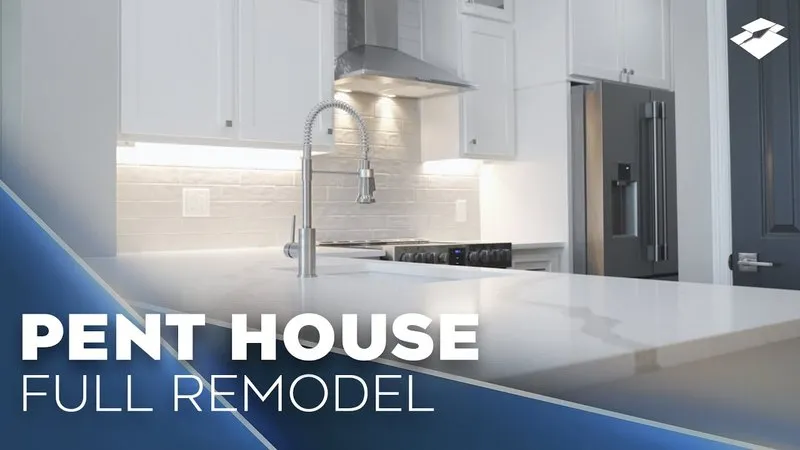 Penthouse kitchen with a waterfall quartz island in Decatur, Georgia