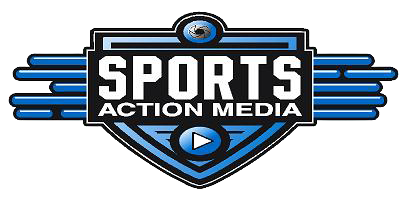 Sports Action Media logo with a blue and black shield design featuring a play button and an eye graphic.