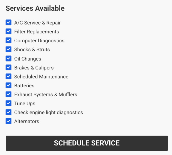 List of available automotive repair services with checkboxes and a Schedule Service button.