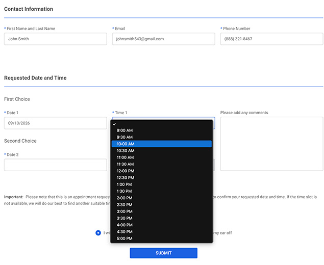Service appointment form with contact information, preferred dates, time selection, and comments field.