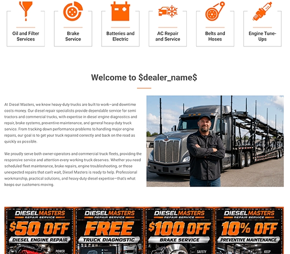 Automotive service page with service category icons, dealership information, truck image, and promotional coupons.