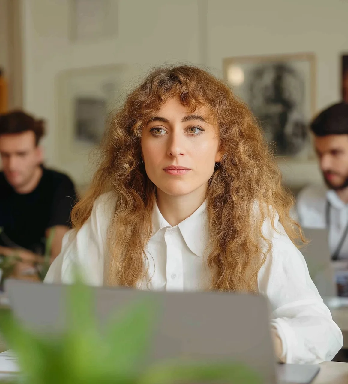 A woman sitting in front of a laptop computer.