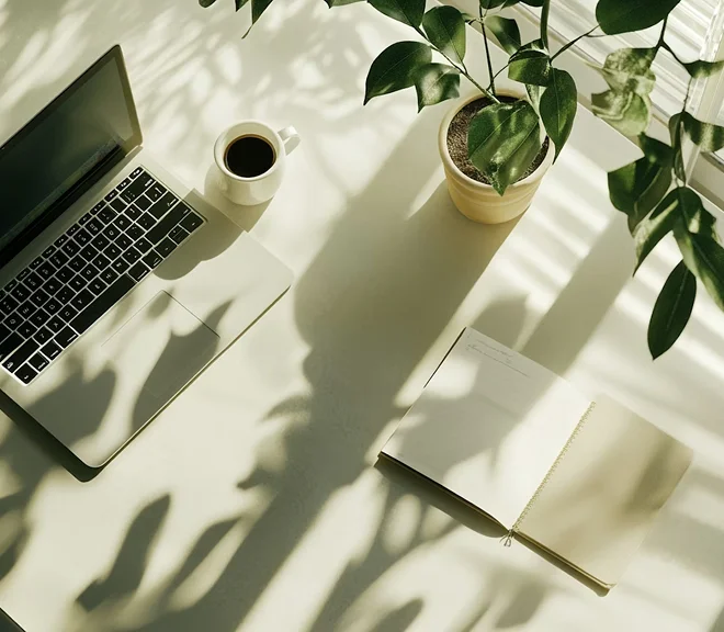 A laptop computer sitting on top of a desk next to a plant.