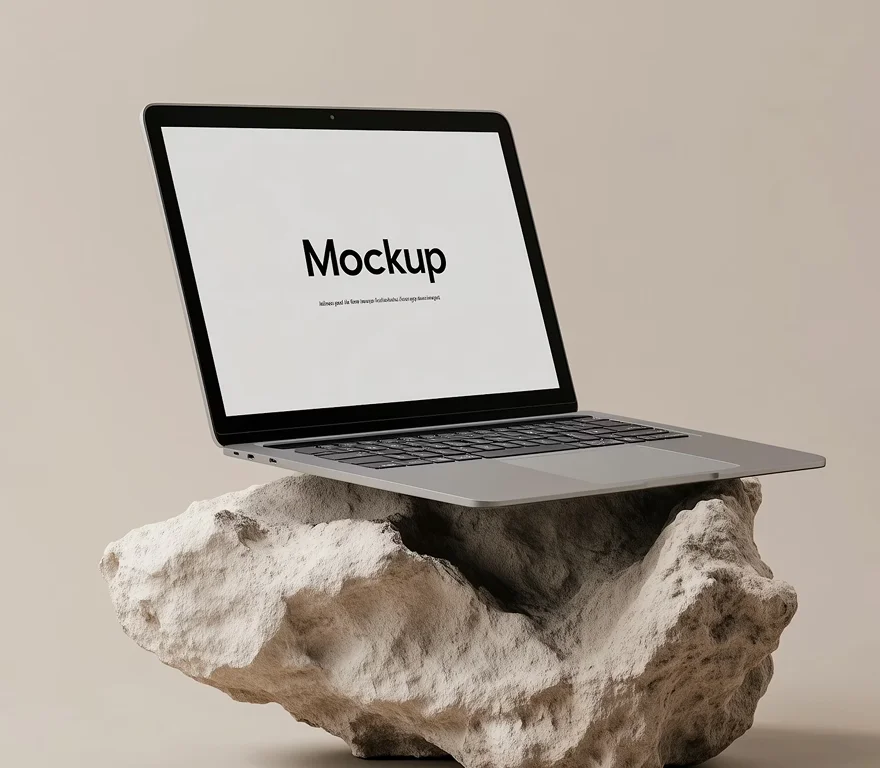 A laptop computer sitting on top of a rock.